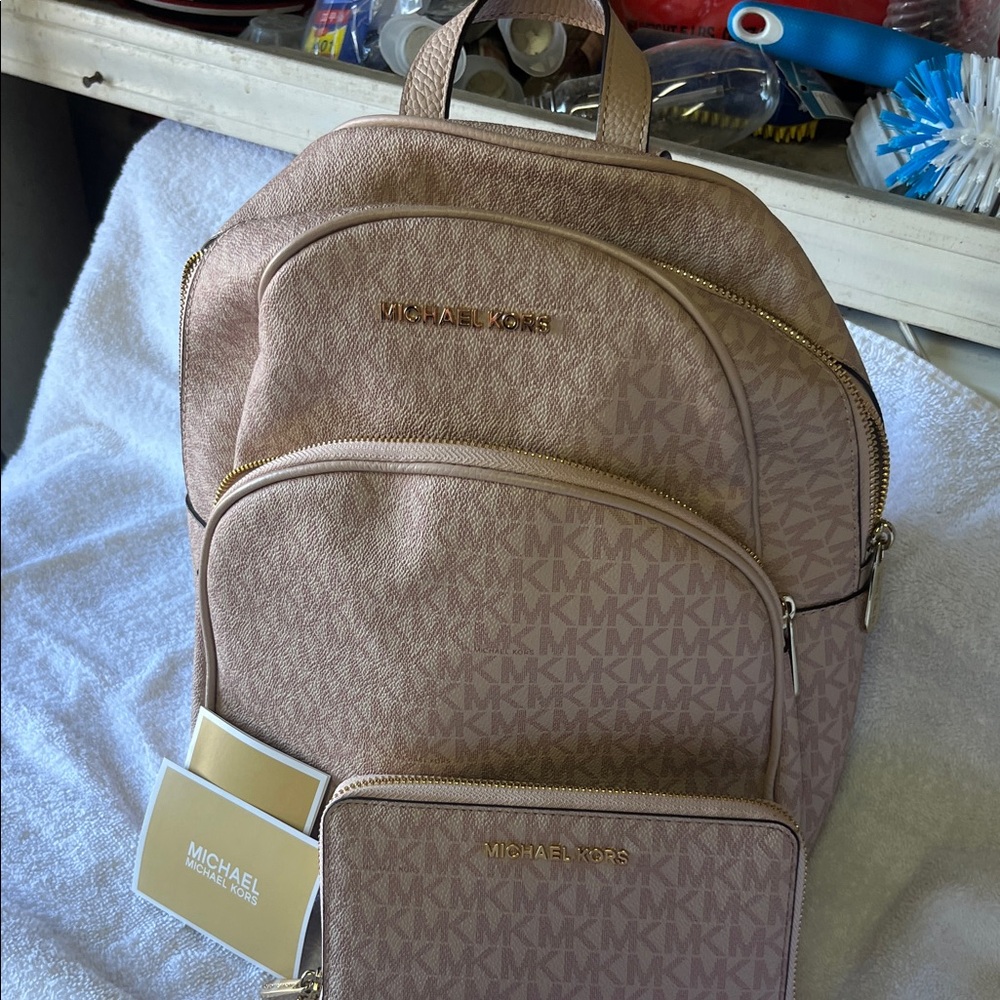 Michael Kors Beige Monogram Backpack and Wallet